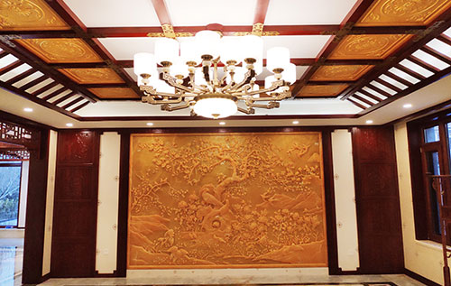 六枝特中式别墅客厅中式木作横梁吊顶装饰展示